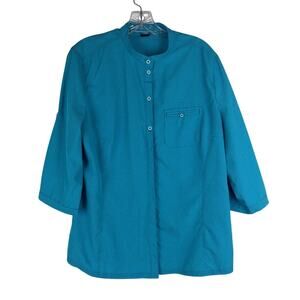 Schoffel Womens Button Front Shirt Size XL Blue White Check Mandarin Collar